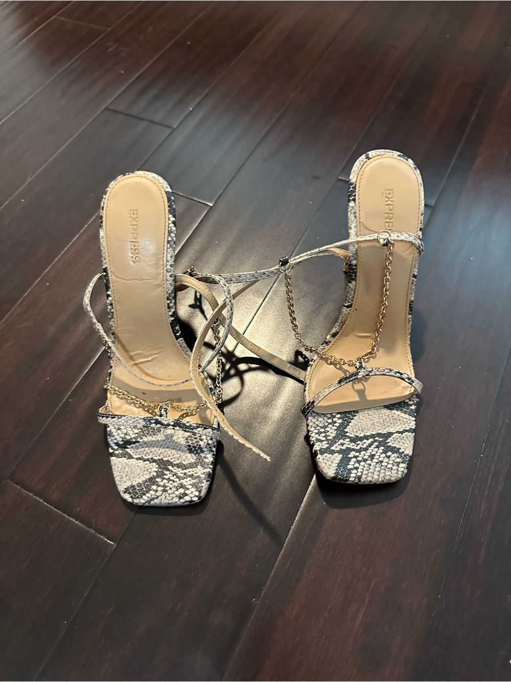 Express Snake-Print Strappy Heeled Sandals in Black & White